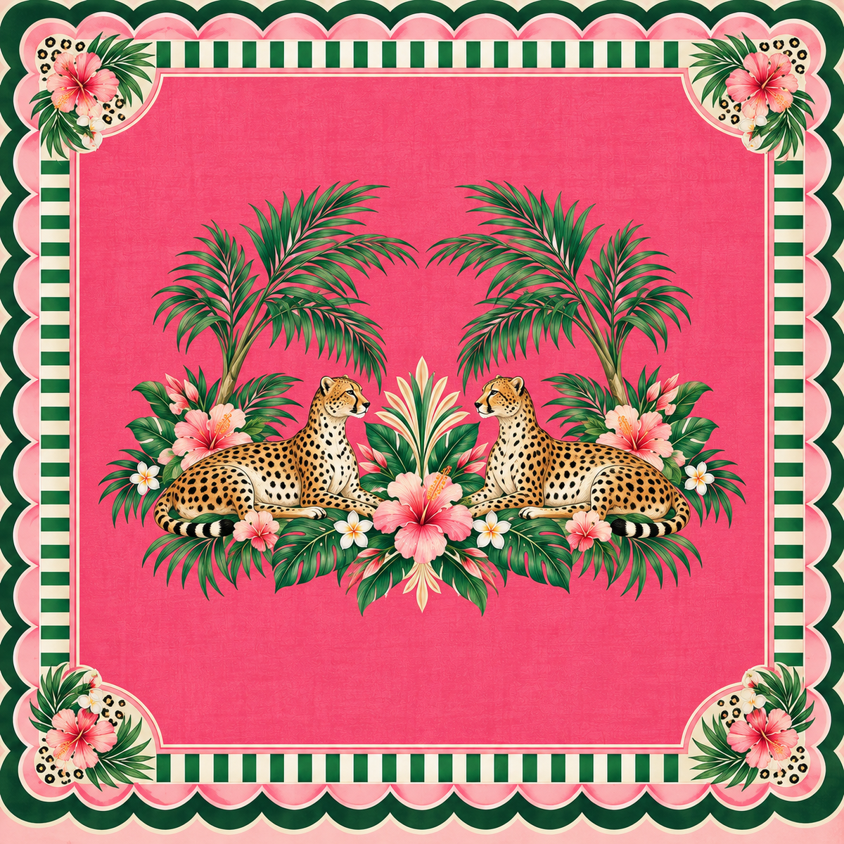 Cheetahs Under the Palms PalmTiles American Mahjong neoprene mat in hot pink, emerald green, hibiscus and cabana stripes