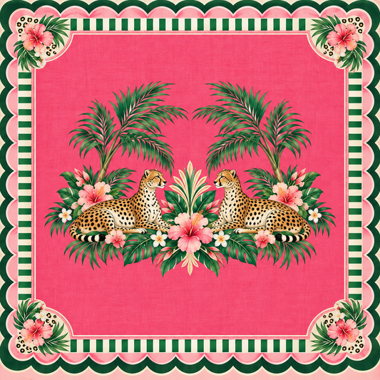 Cheetahs Under the Palms PalmTiles American Mahjong neoprene mat in hot pink, emerald green, hibiscus and cabana stripes