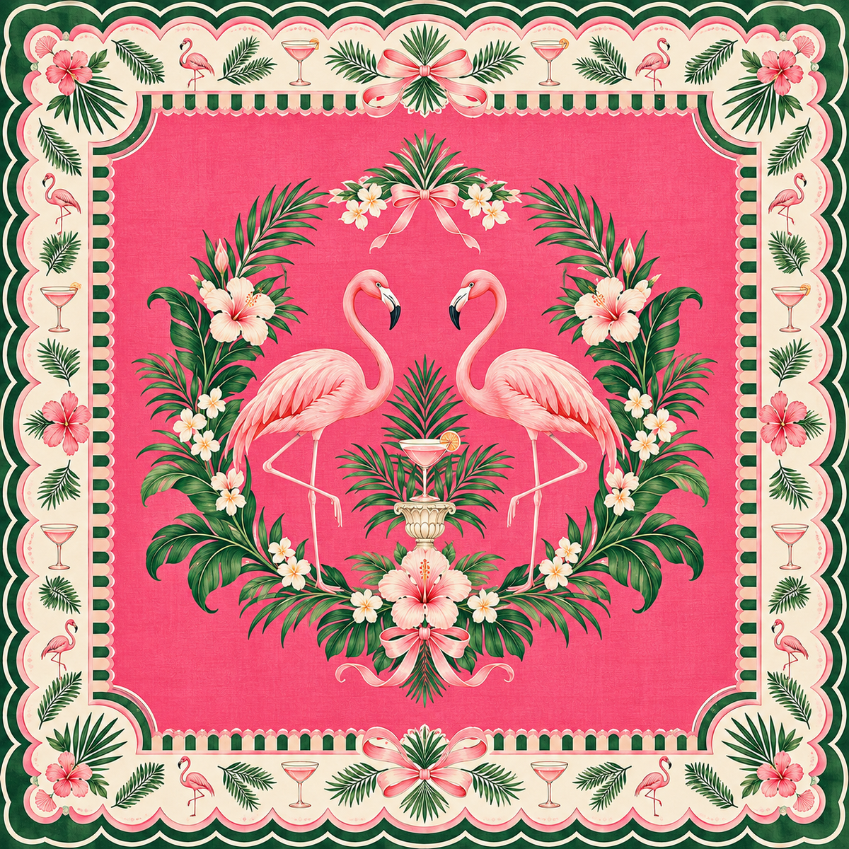 The Flamingo Club PalmTiles American Mahjong neoprene playmat in hot pink and emerald green
