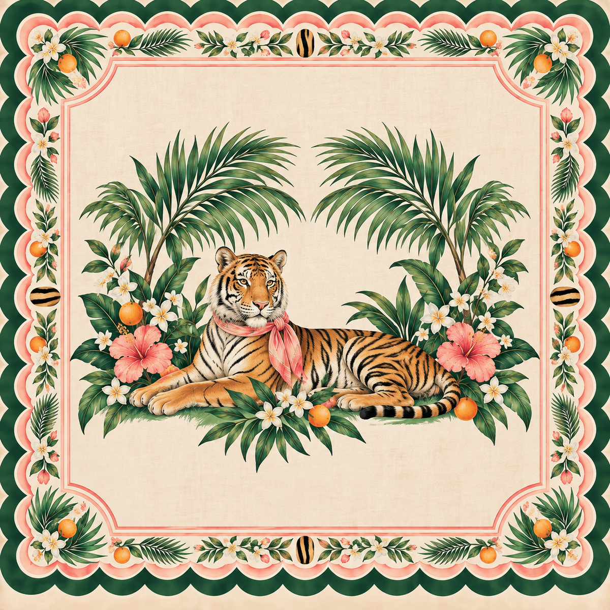 Tiger in the Palms PalmTiles American Mahjong neoprene mat with ivory field, forest green palms, coral florals and reclining tiger